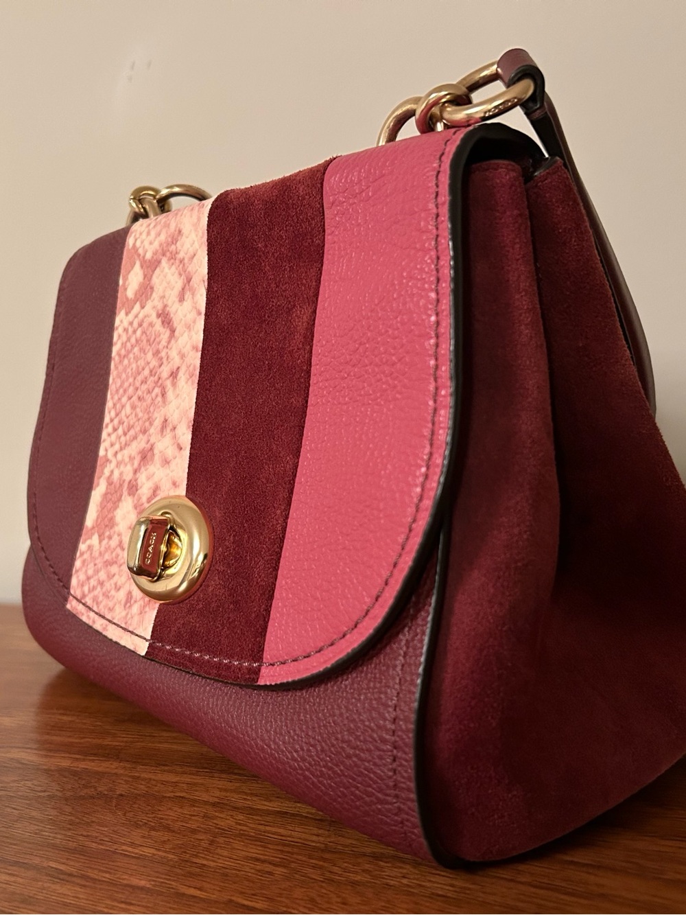 Coach Burgundy Leather Shoulder Bag with Suede Sides
